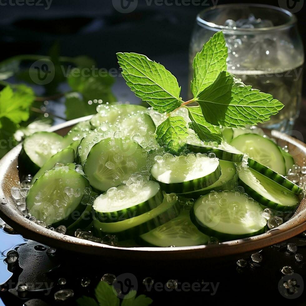 A bowl of cucumber with ice and mint AI Generative photo