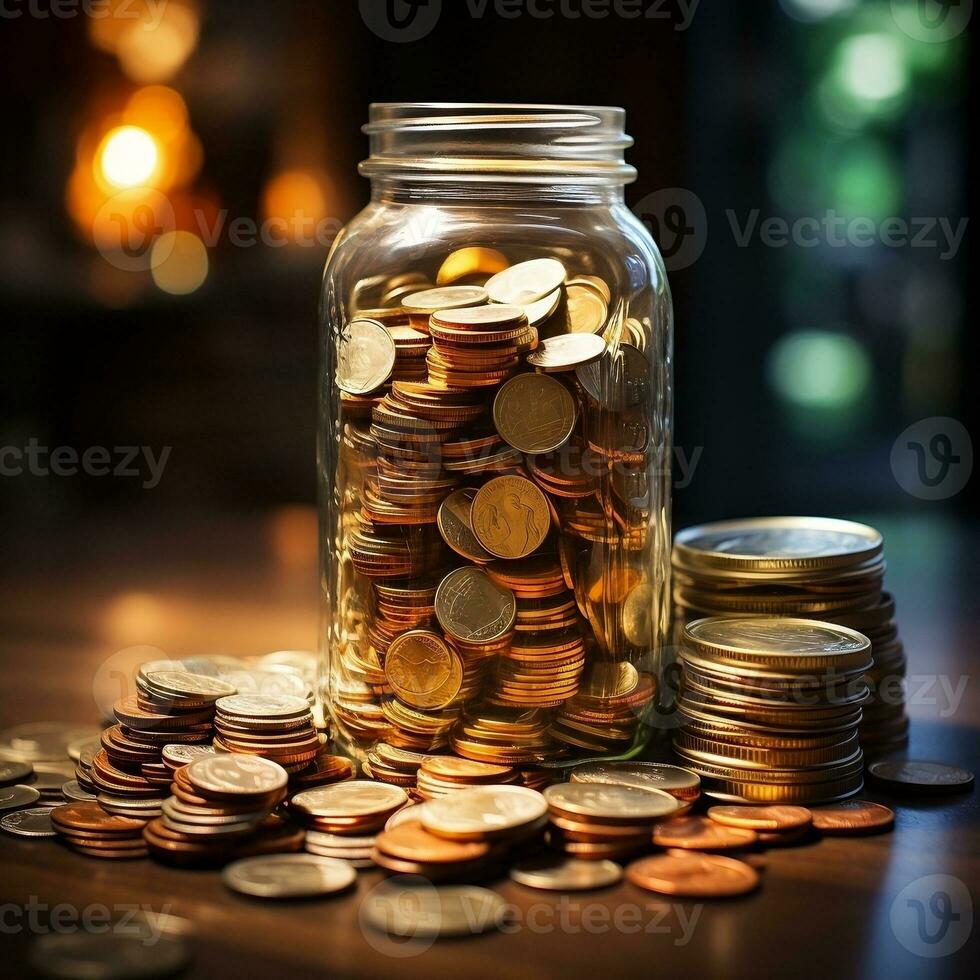 A clear jar with a stack of gold coins AI Generative photo