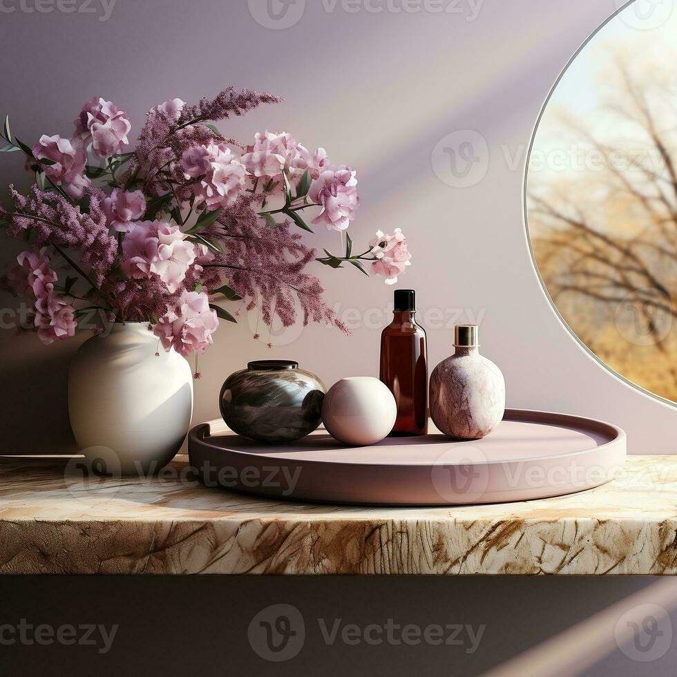3d mockup of a marble countertop with basket and plants AI Generative photo
