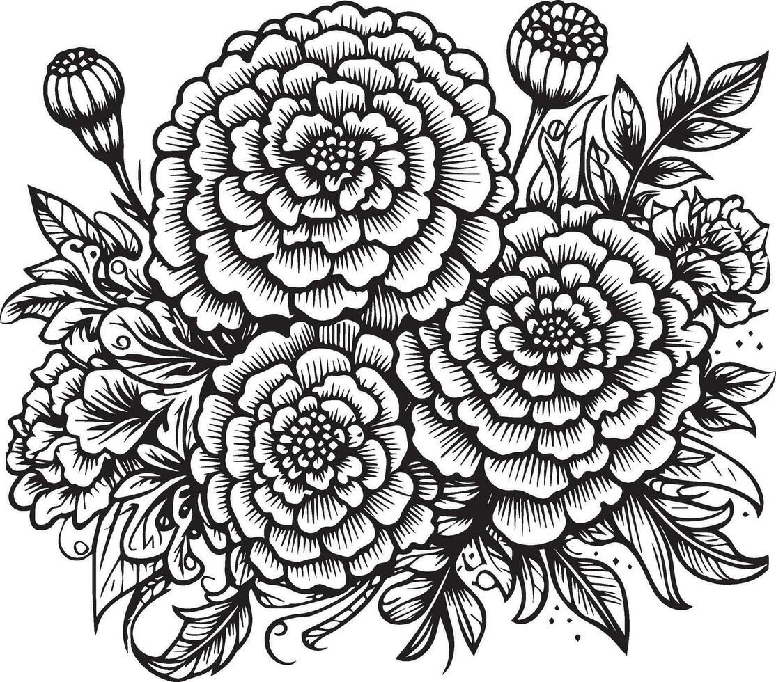 Doodle flower bouquet of line art, lovely design. Easy sketch art of marigold flower, line art bouquets of floral hand drawn illustration, doodle zentangle, tattooing drawing coloring vector