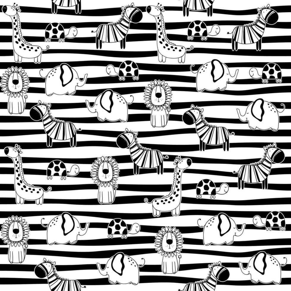 African animals, elephant, lion, giraffe, turtle on striped background. Seamless pattern vector