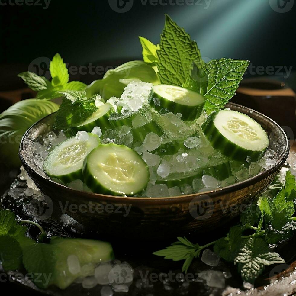 A bowl of cucumber with ice and mint AI Generative photo