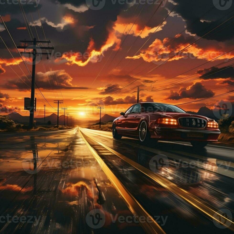 a car driving on a red track at sunset AI Generative photo