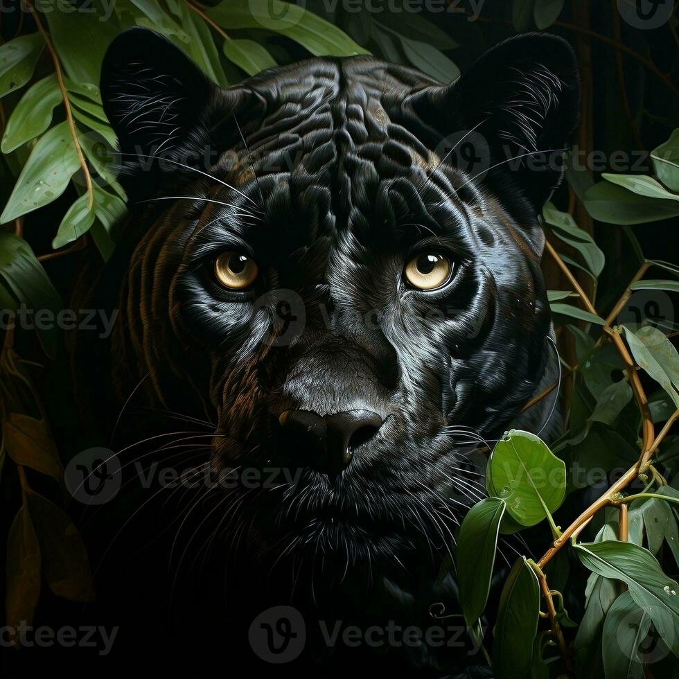a black jaguar looking at the camera in the jungle AI Generative photo