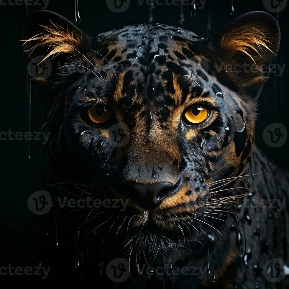 a black leopard with yellow eyes in the dark AI Generative photo