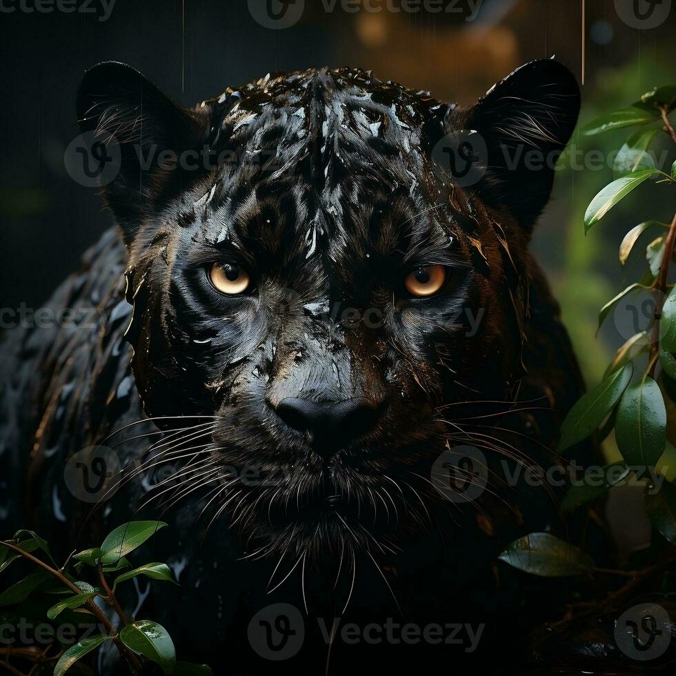 a black jaguar looking at the camera in the jungle AI Generative photo