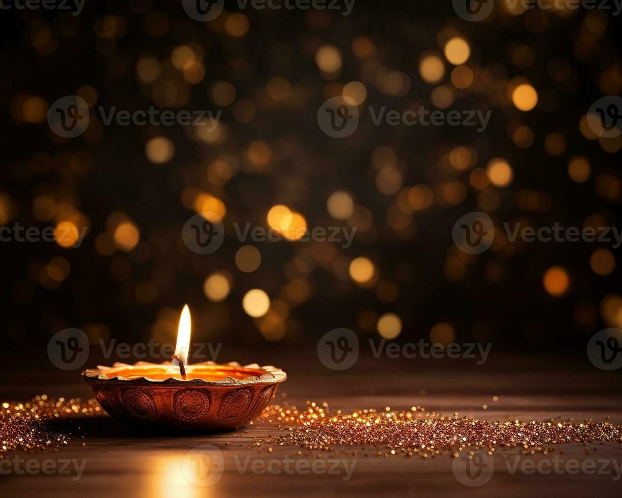 Diwali background with copy space. A lit candle on a wooden table, with a blurred bokeh background of lights. Perfect for advertising, banners, and social media posts. Generative AI photo