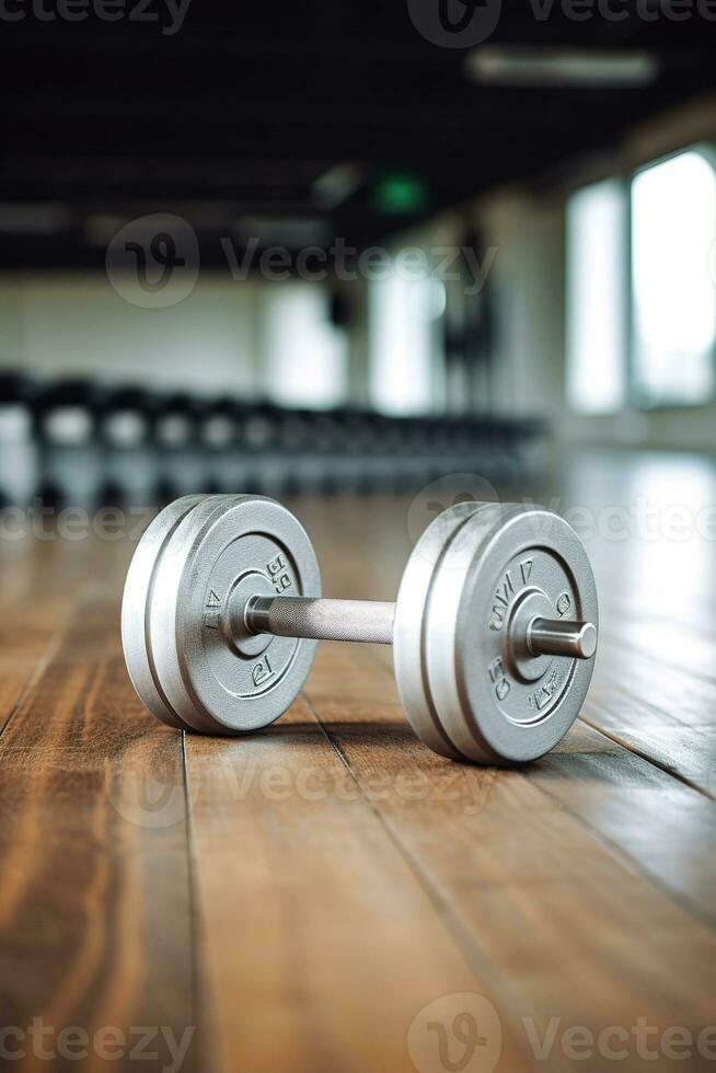 Pair of dumbbells on a wooden floor in a gym. Great for fitness, workout, and exercise concepts. Generative AI photo