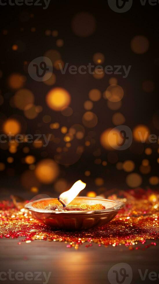 Diwali background with copy space. A lit candle on a wooden table, with a blurred bokeh background of lights. Perfect for advertising, banners, and social media posts. Generative AI photo