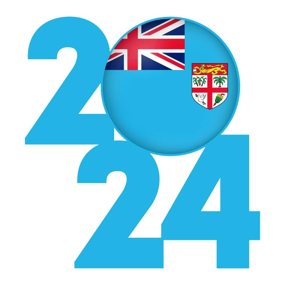 Happy New Year 2024 banner with Fiji flag inside. Vector illustration.