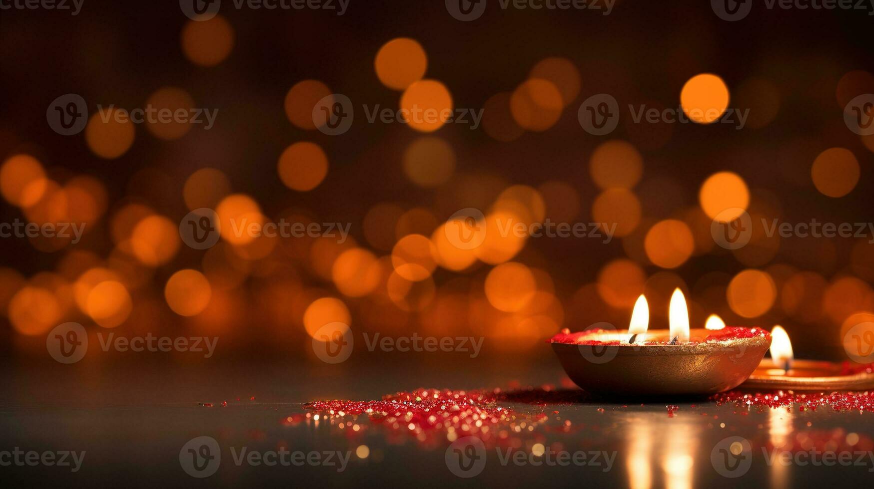 Diwali background with copy space. A lit candle on a wooden table, with a blurred bokeh background of lights. Perfect for advertising, banners, and social media posts. Generative AI photo