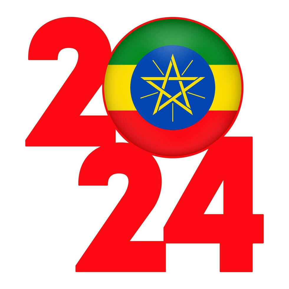 Happy New Year 2024 banner with Ethiopia flag inside. Vector illustration.