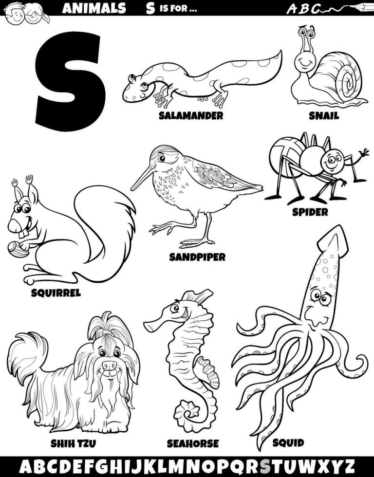 dibujos animados animal caracteres para letra s conjunto colorante página vector