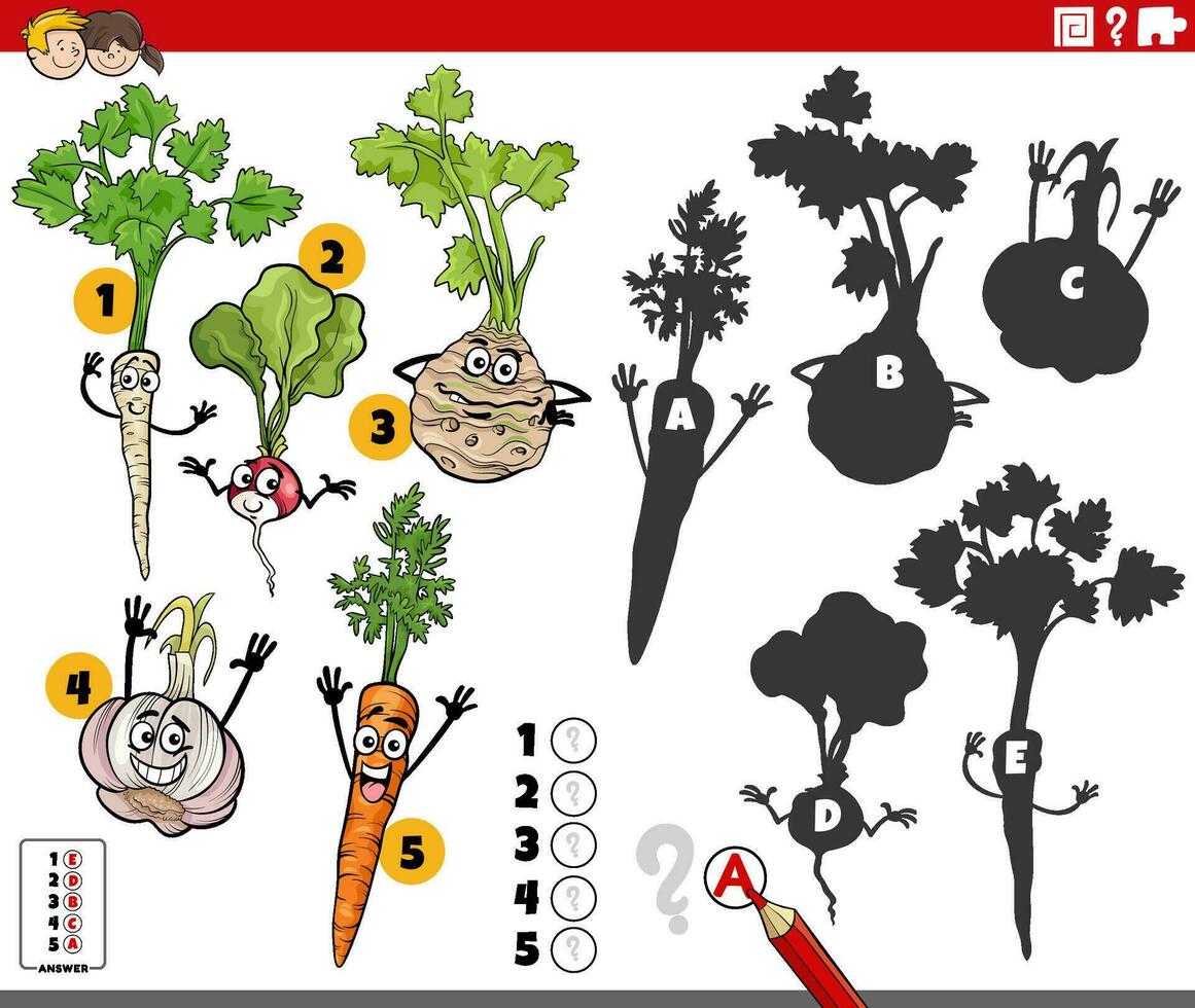 finding shadows activity game with cartoon vegetables vector