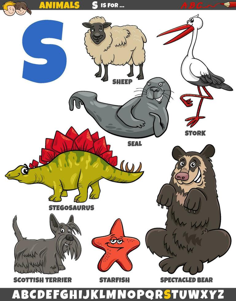 dibujos animados animal caracteres para letra s educativo conjunto vector