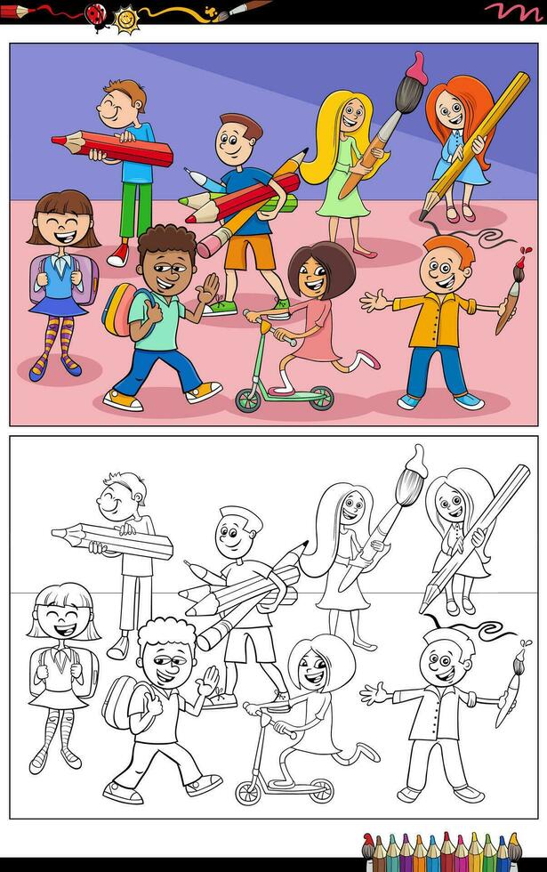 cartoon pupils and students characters group coloring page vector