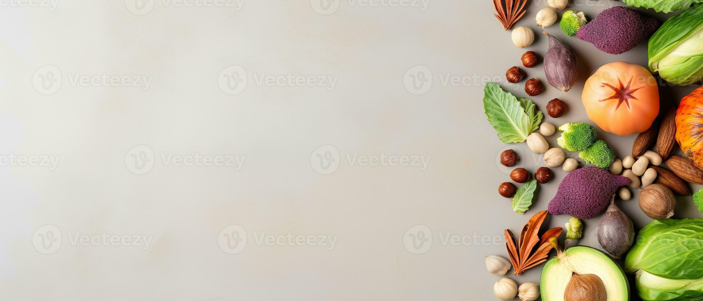 Celebrate World Vegan Day with this vibrant background of fresh fruits, vegetables, and other plant-based foods. The perfect backdrop for your vegan message or promotion. Generative AI photo