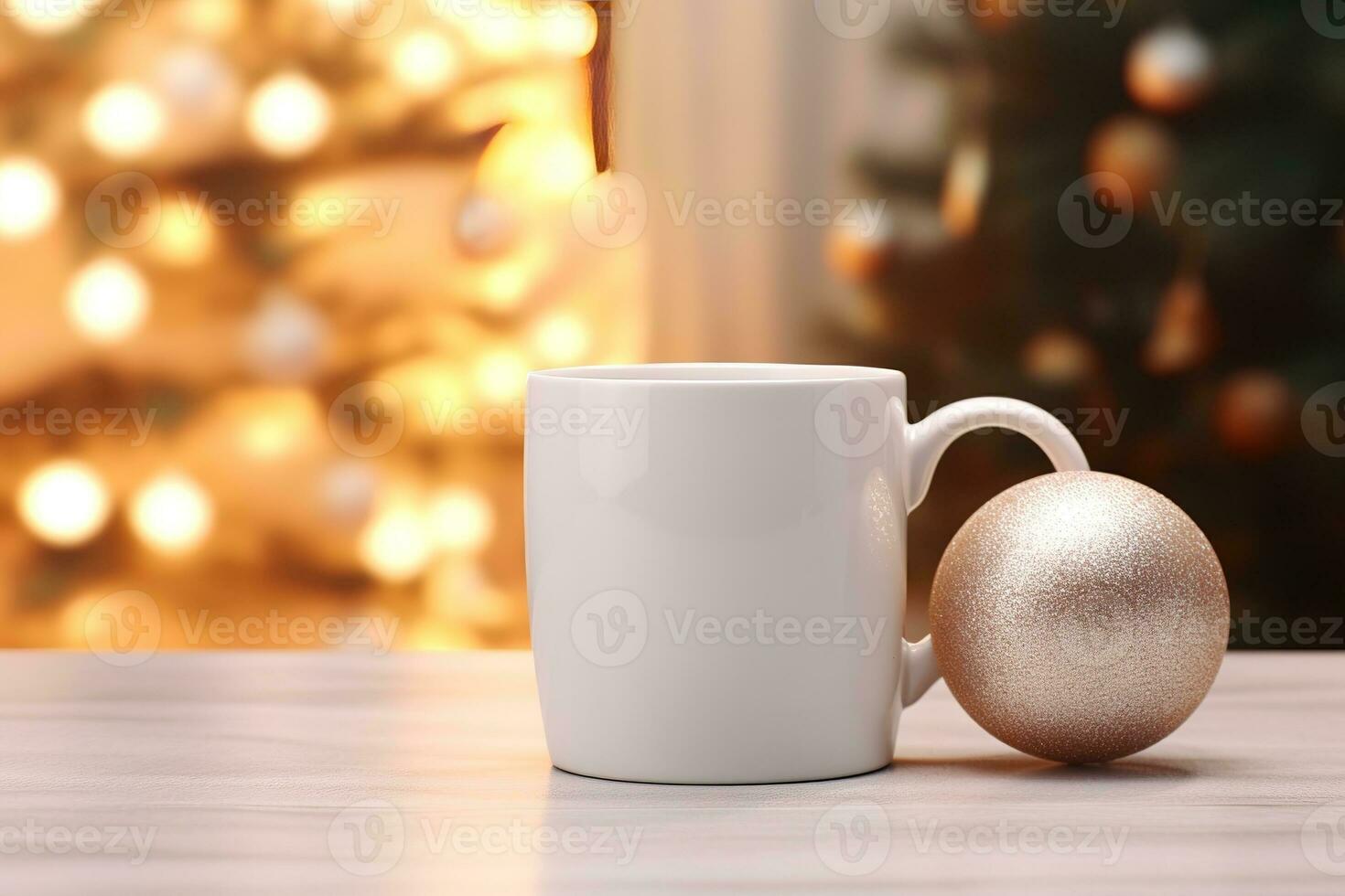 White mug on a white table with bright lights in defocus and gifts in the background. Close-up of a ceramic cup for advertising and design for New Year and Christmas. Generative AI photo