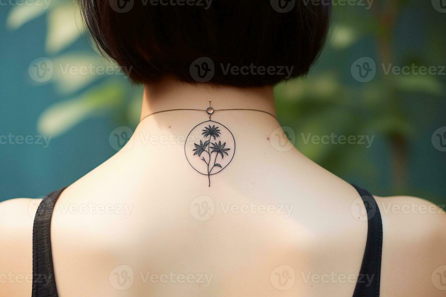 Close up of a small nightshade flower tattoo inside a circle on a back of the neck of a woman. A delicate and feminine design. Generative AI photo