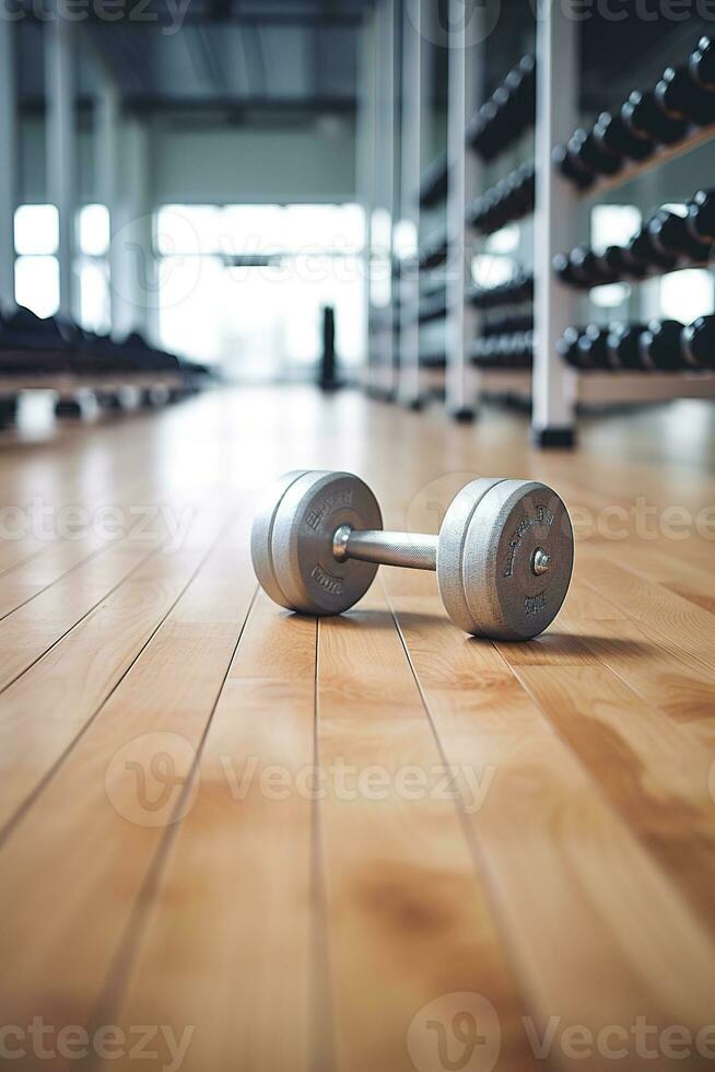 Pair of dumbbells on a wooden floor in a gym. Great for fitness, workout, and exercise concepts. Generative AI photo