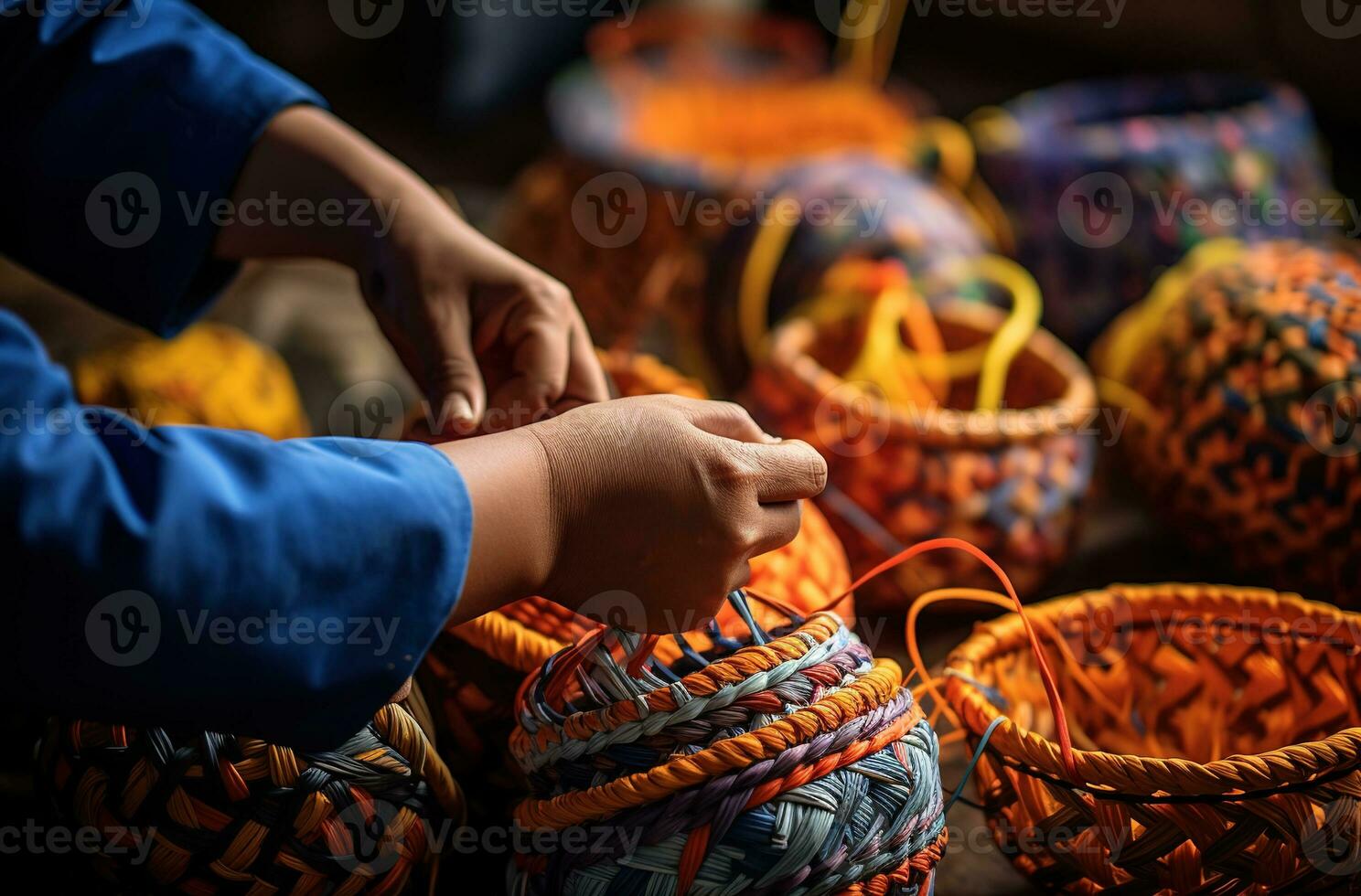 Hands of Elderly woman weaving a basket, a modern traditional heritage craft passed down through generations. The basket is made of straw, wicker, and cotton. Generative AI photo