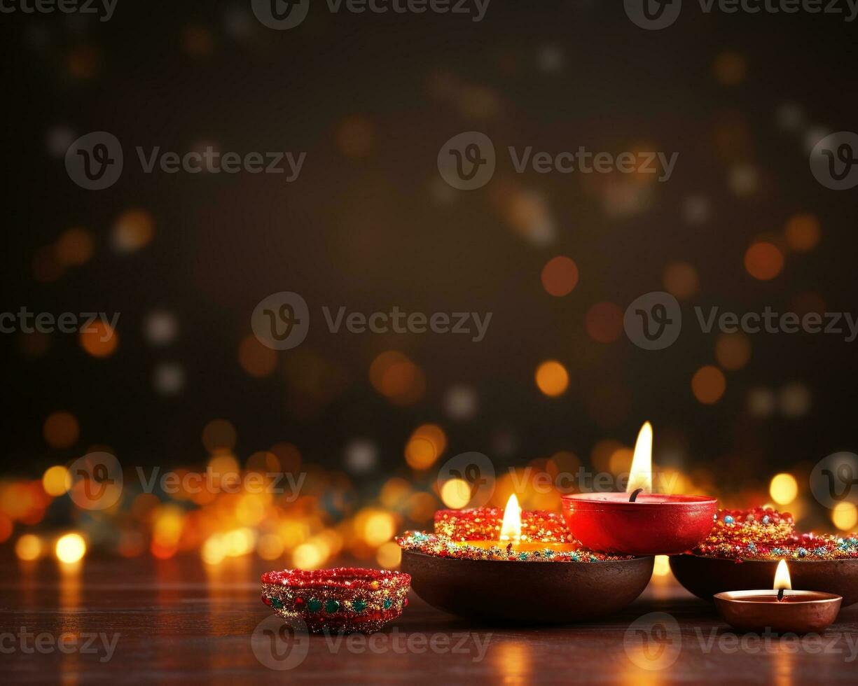 Diwali background with copy space. A lit candle on a wooden table, with a blurred bokeh background of lights. Perfect for advertising, banners, and social media posts. Generative AI photo