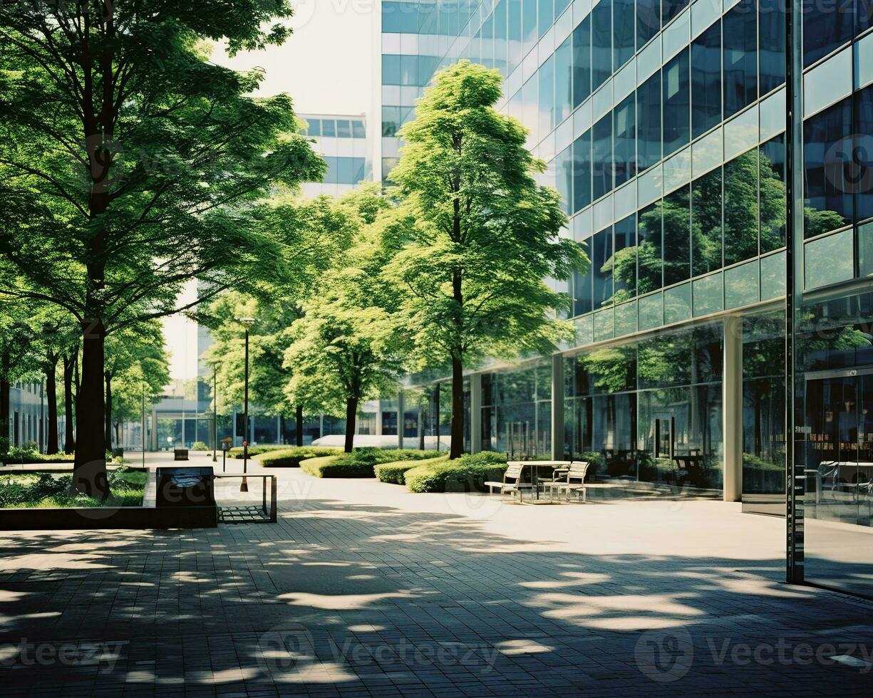 Green oasis in the city. Modern office building with lush trees in the foreground. Generative AI photo