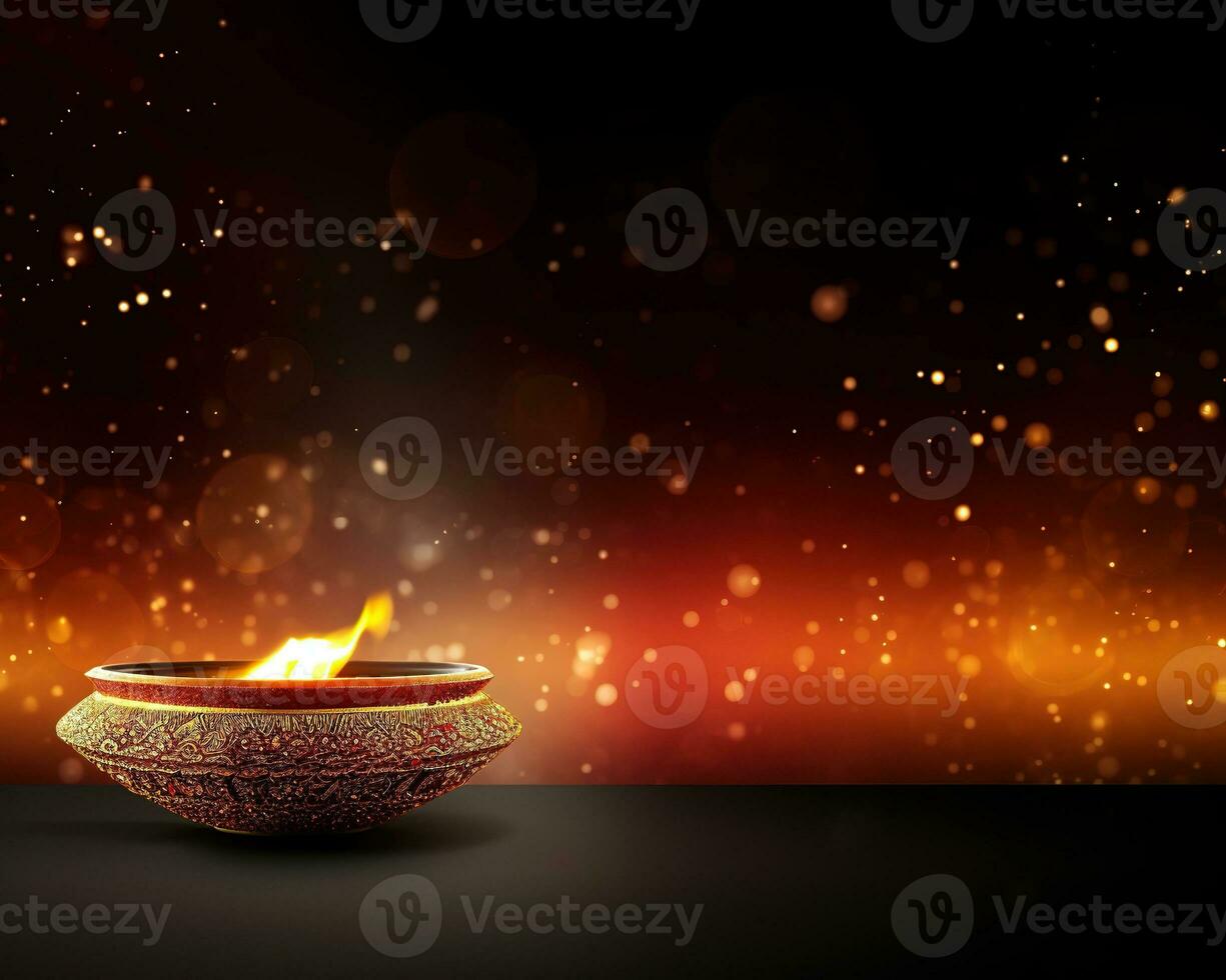 Diwali background with copy space. A lit candle on a wooden table, with a blurred bokeh background of lights. Perfect for advertising, banners, and social media posts. Generative AI photo