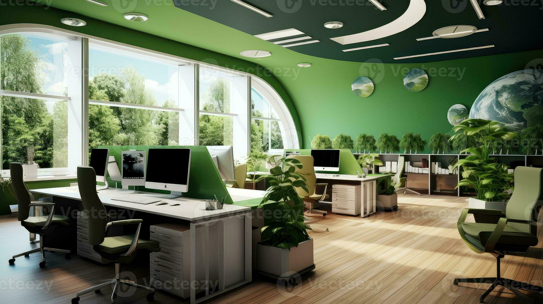 saturn space office green background ai generated photo