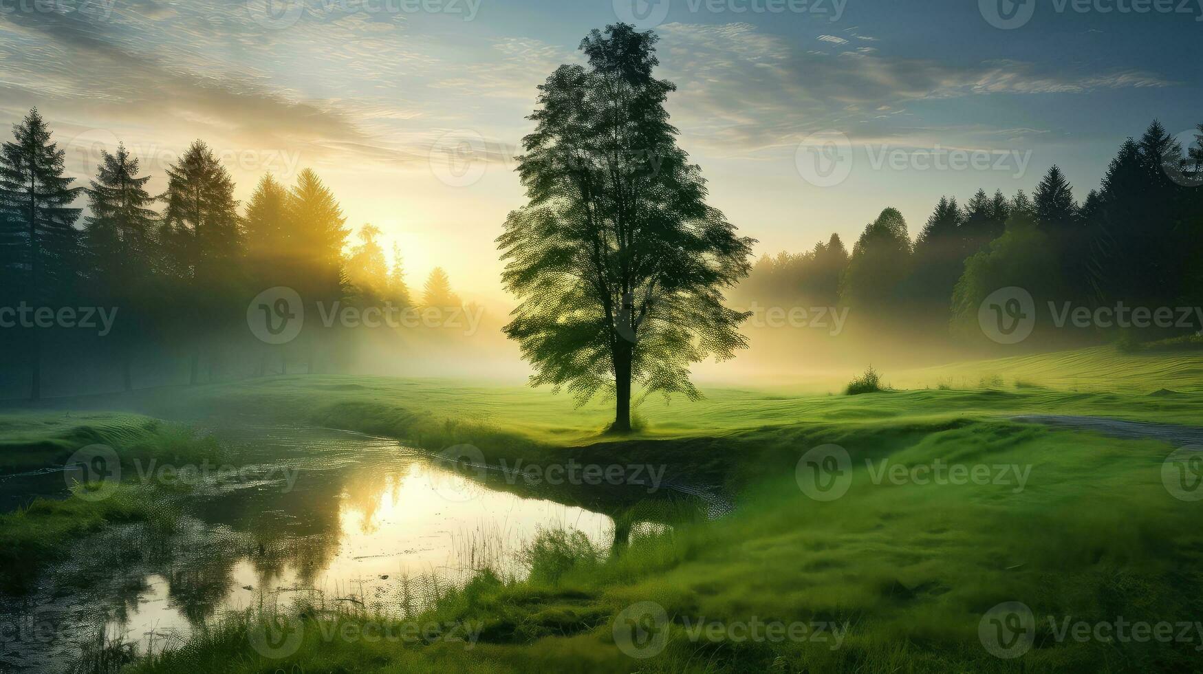 beautiful meadow morning green landscape ai generated photo