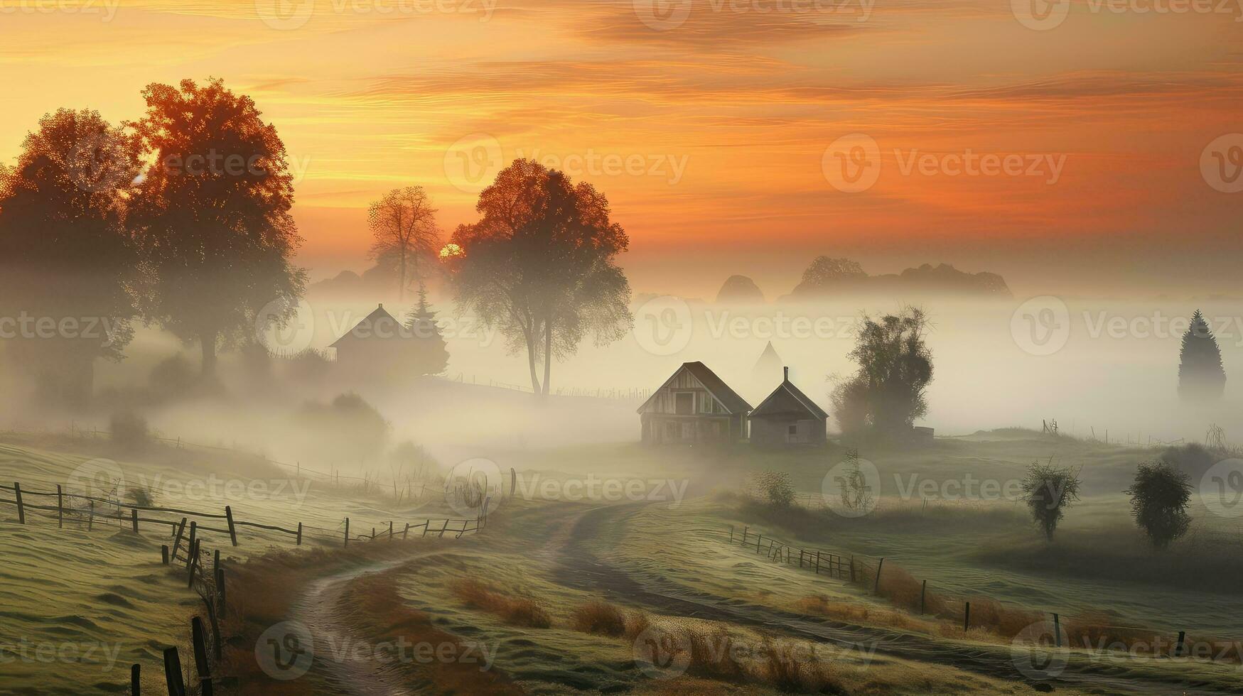 rural land dawn fog landscape ai generated photo
