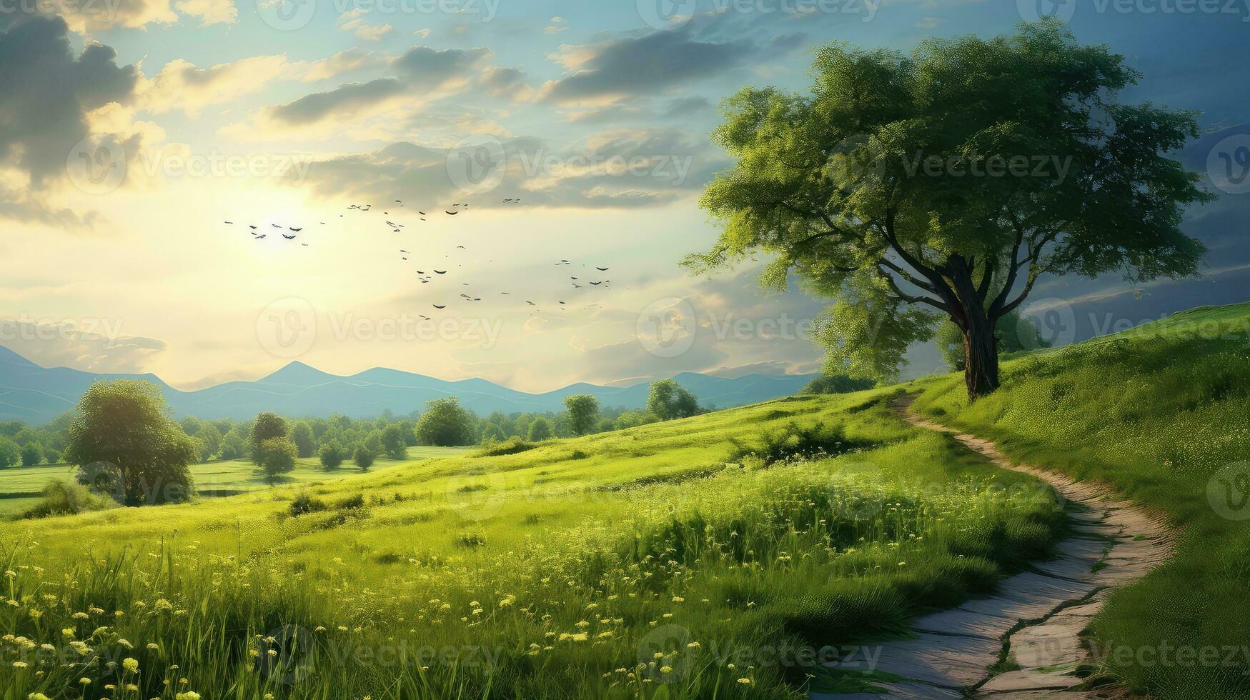 spring meadow morning green landscape ai generated photo