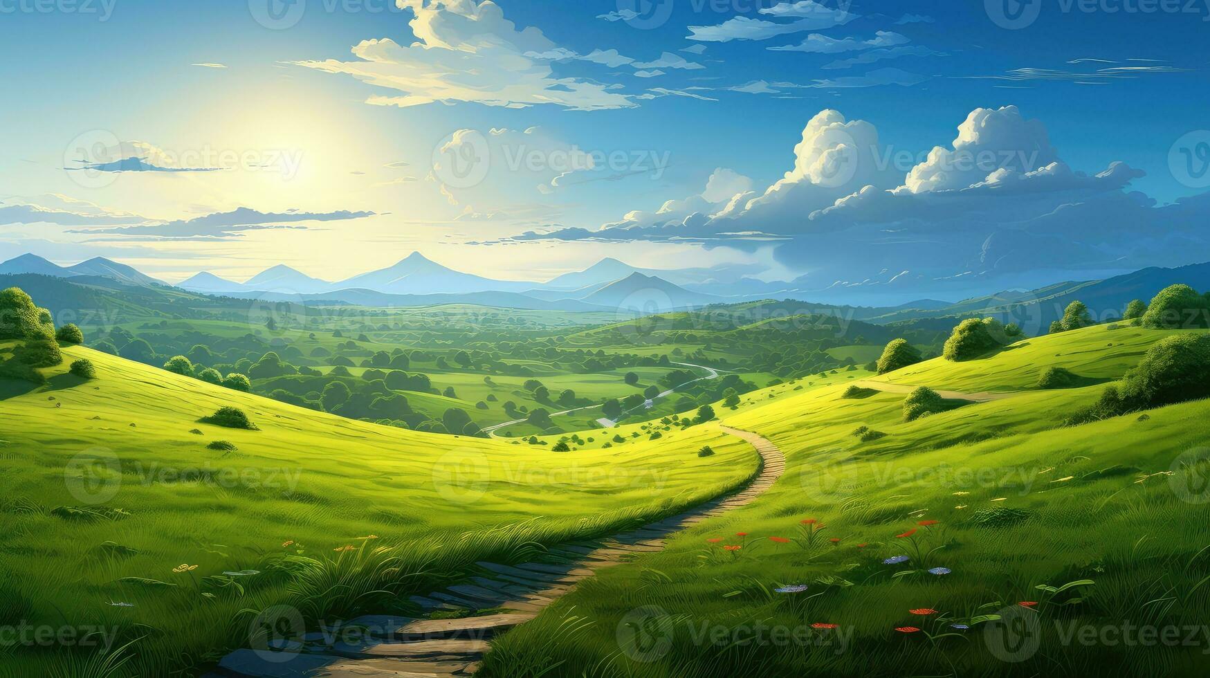spring meadow morning green landscape ai generated photo