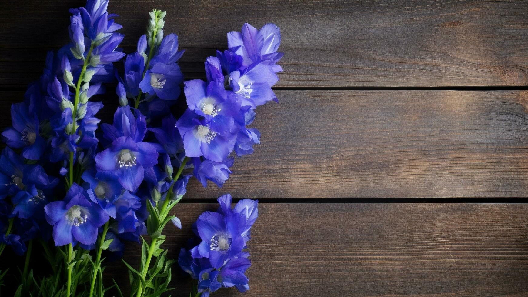 Delphinium Flower on Wood Background with Copy Space, AI Generative photo