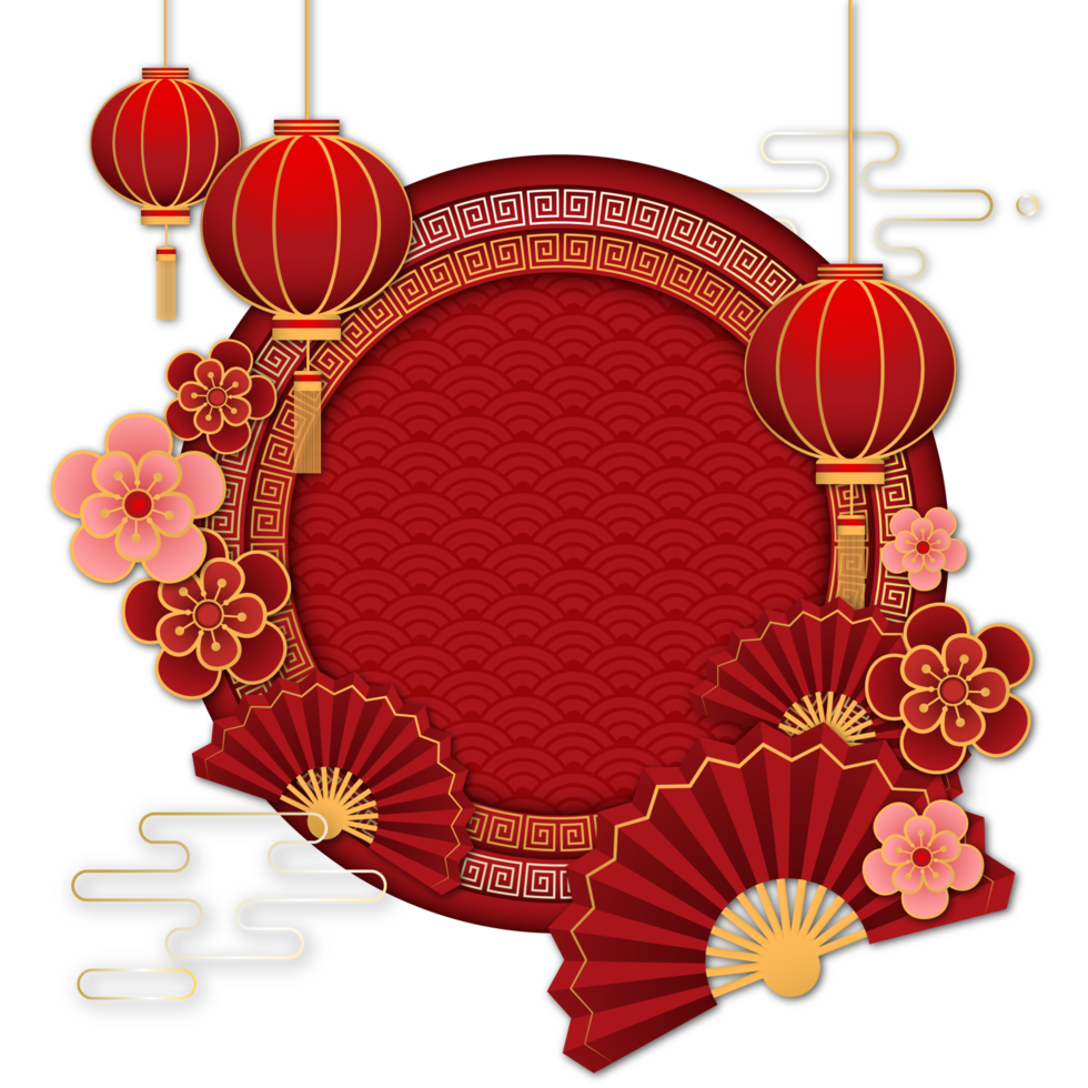 Chinese New Year background with paper lanterns, fan and flowers. png