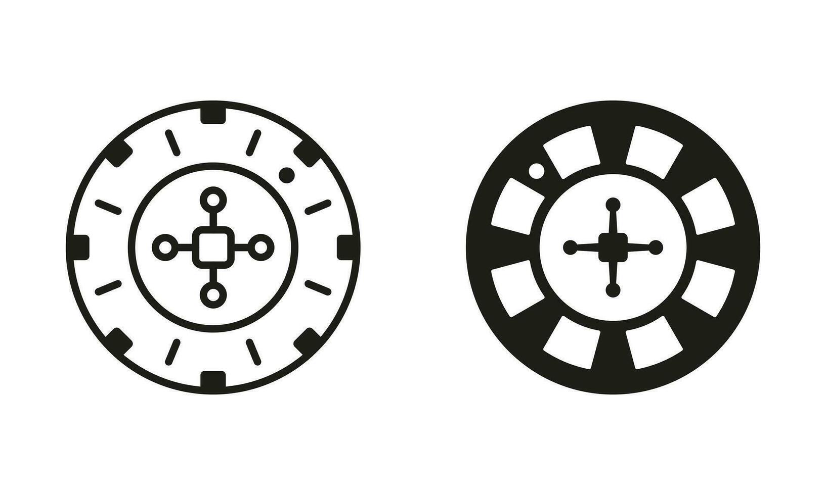 Casino Wheel Line and Silhouette Black Icon Set. Casino Roulette. Gambling Addiction, Play Lottery Sign. Lucky Fortune, Risk and Win in Gamble Game Symbol Collection. Isolated Vector Illustration.