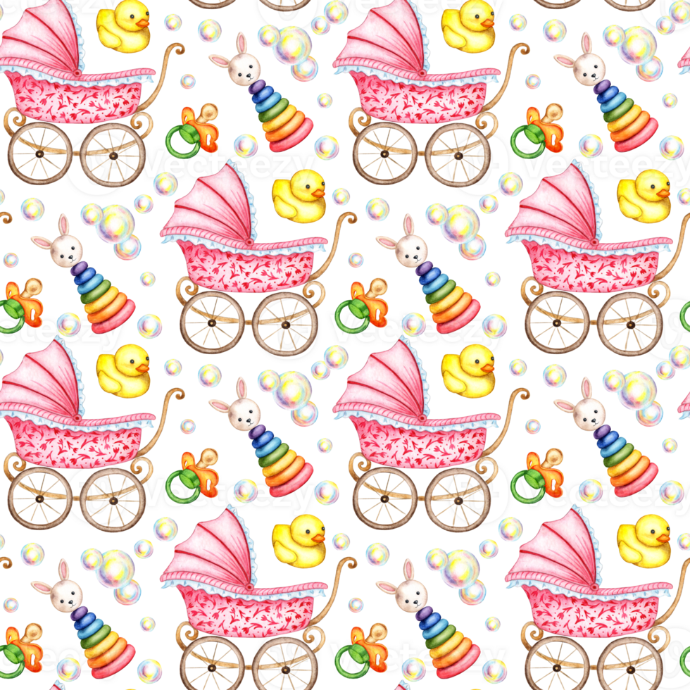 Watercolor illustration pattern pink stroller, pyramid, duck, pacifier, soap bubbles, for boys or girls, small children. Clip art for fabric textile baby clothes, wallpaper, wrapping paper, packaging png