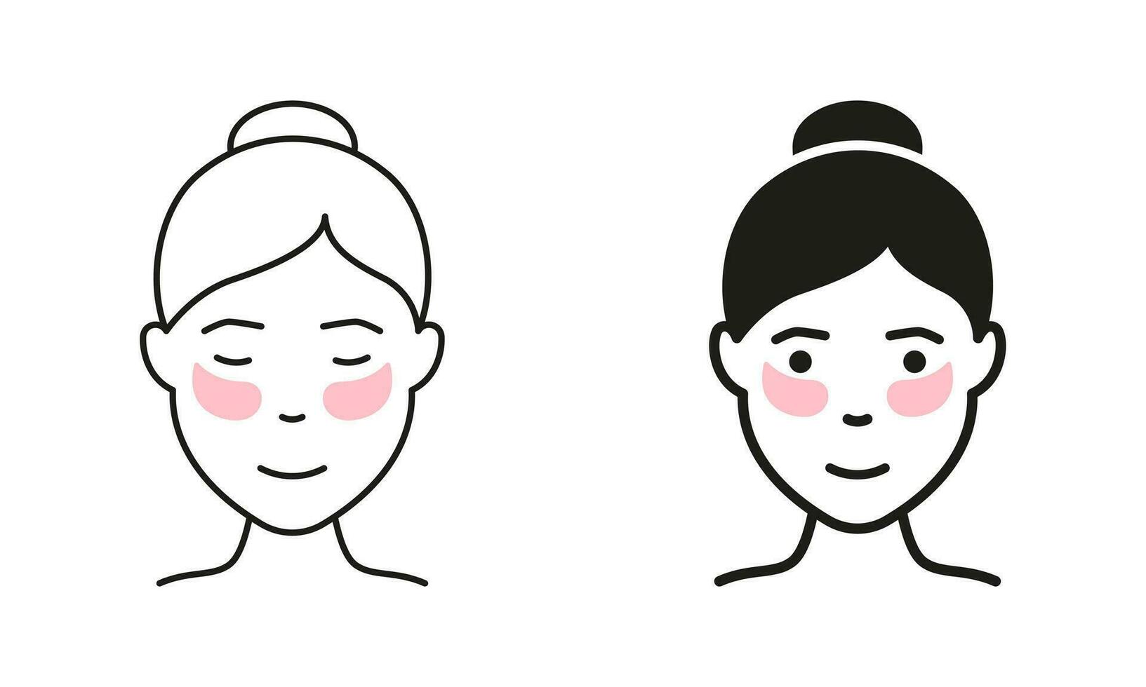 Face Anti-Aging Procedure, Girl Use Gel Patch Line and Silhouette Icon Set. Patches Under Eye Pictogram. Cosmetic Collagen Eye Patches Against Wrinkles Symbol Collection. Isolated Vector Illustration.