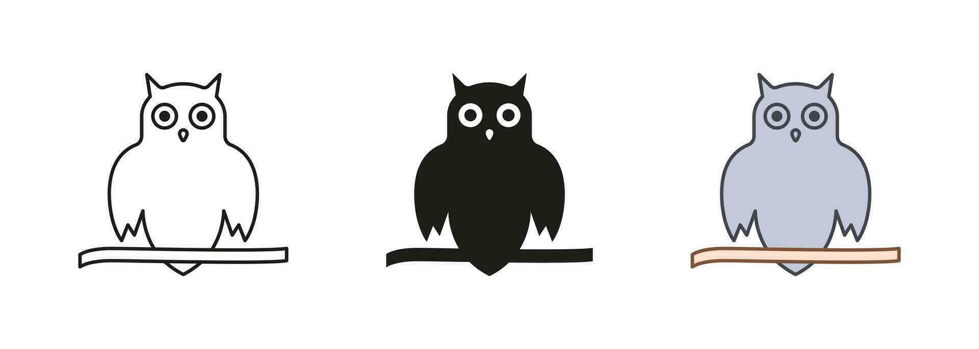 Spooky Owl Line and Silhouette Icon Set. Owl Symbol of Halloween and Wisdom Pictogram. Wise Night Bird Sitting on Tree Branch Black and Color Symbol Collection. Isolated Vector Illustration.