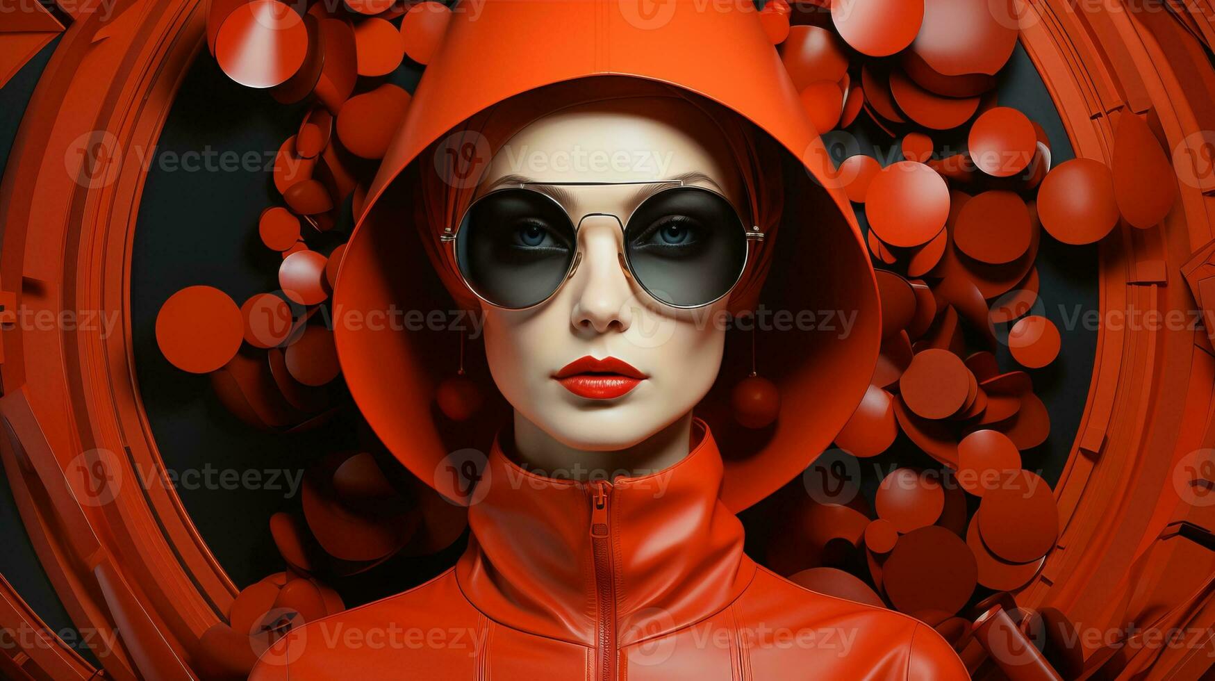 In a vibrant and edgy work of art, a woman hides behind sunglasses and a hood, her gaze mysterious and alluring, as the fiery shades of red and orange swirl around her, AI Generative photo