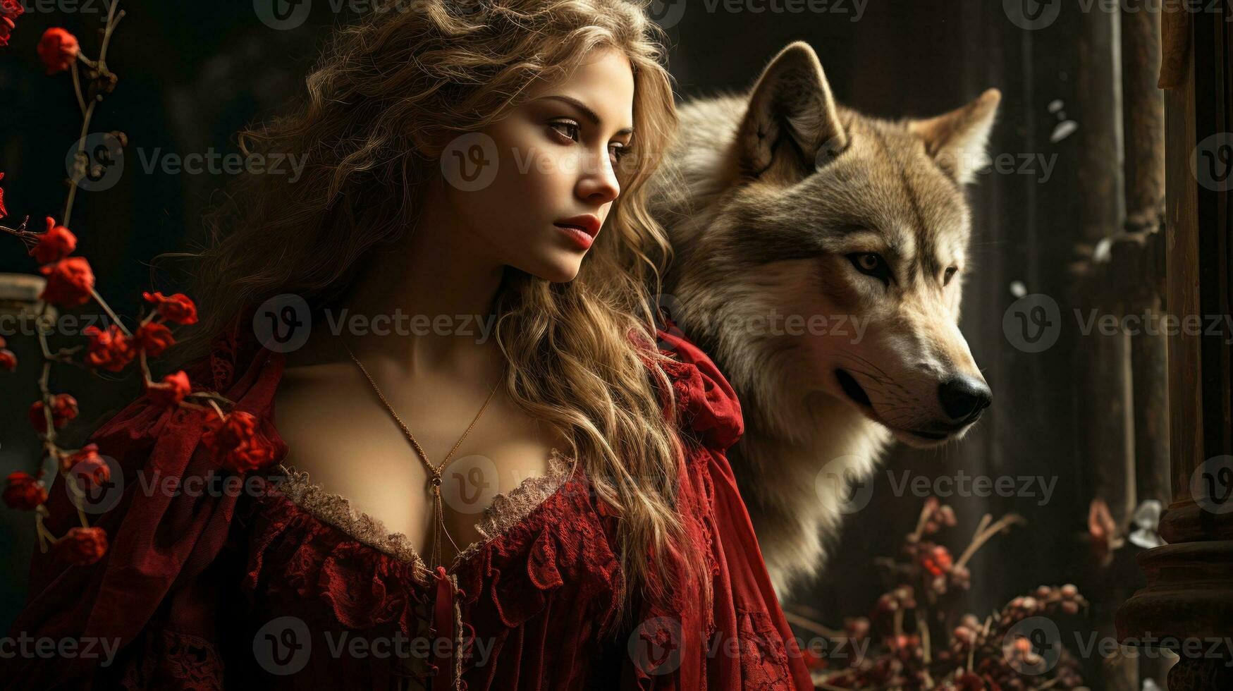 A fierce and free-spirited woman exudes elegance and grace as she stands alongside a majestic wolf, their bond reflecting the beauty of nature and fashion in the great outdoors, AI Generative photo