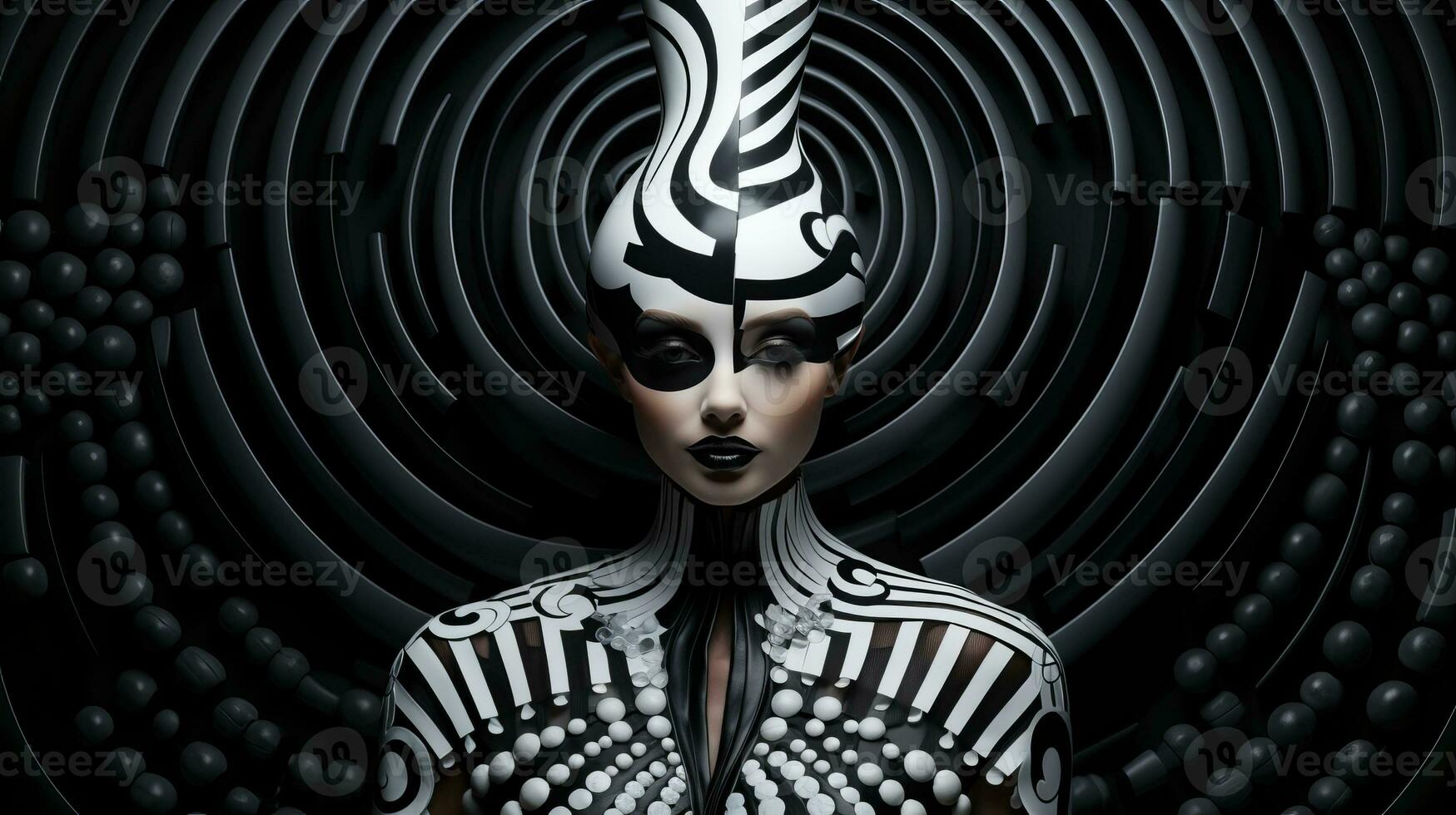 A strikingly unconventional cartoon figure adorned in black and white body paint resembling a zebra, exuding a fierce and artistic fashion statement, AI Generative photo