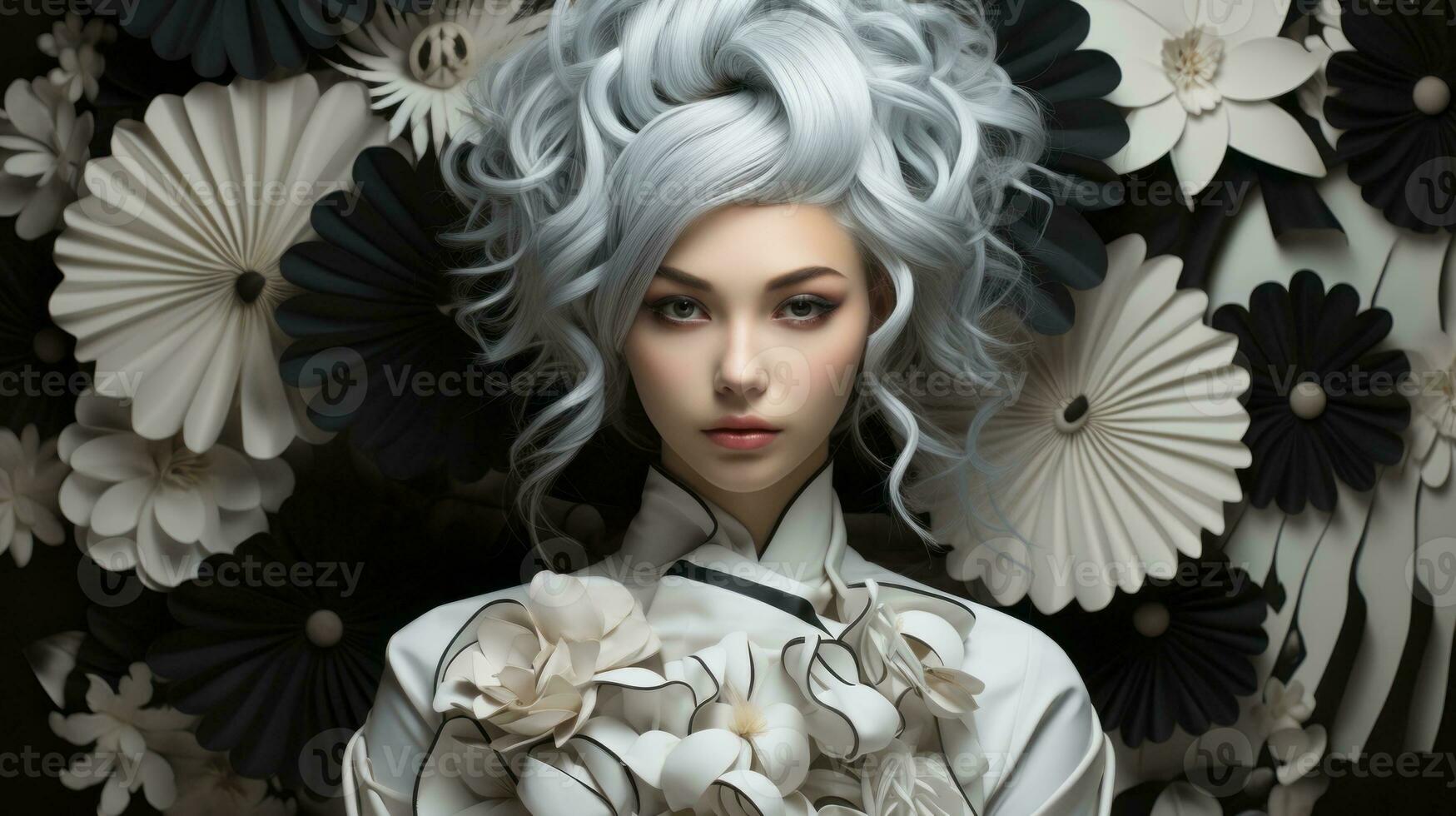 A captivating woman with ethereal white hair adorned with contrasting black and white flowers, exuding a fierce and untamed energy through her connection to nature, AI Generative photo