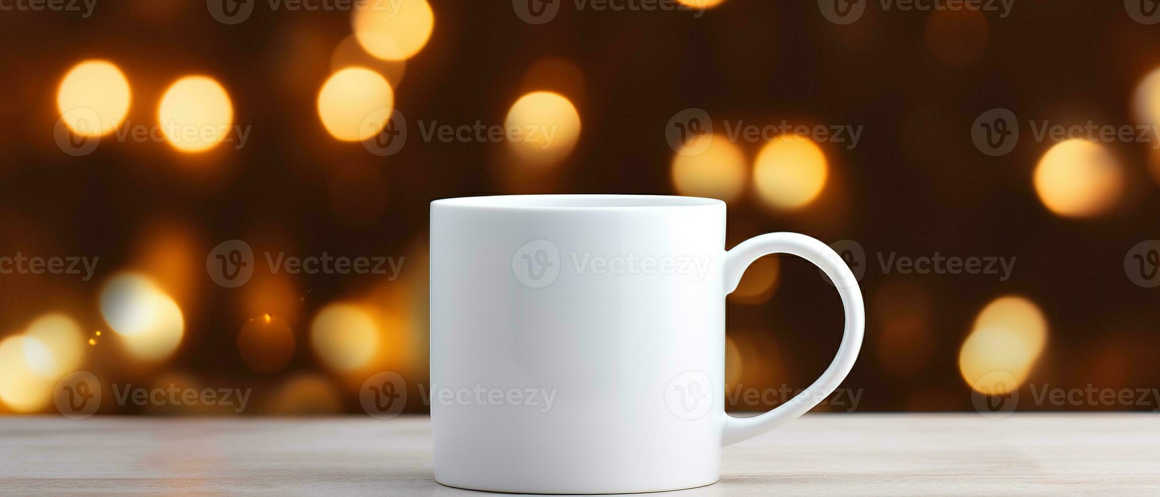 White mug on a white table with bright lights in defocus and gifts in the background. Close-up of a ceramic cup for advertising and design for New Year and Christmas. Generative AI photo