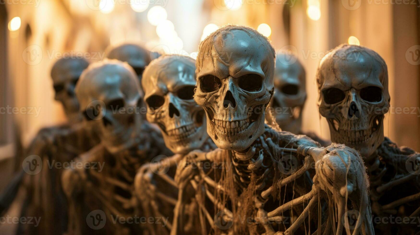 A macabre parade of death, as the hollow-eyed skulls and intricate bone sculptures march in perfect formation, AI Generative photo