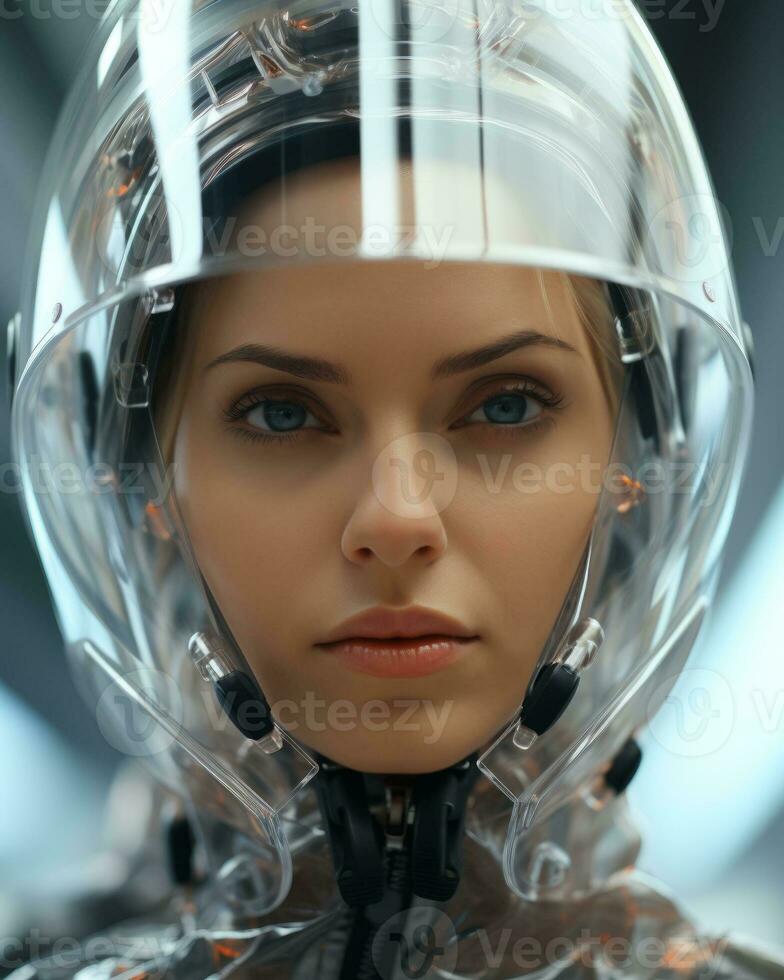 A woman wearing a clear helmet, AI Generative photo