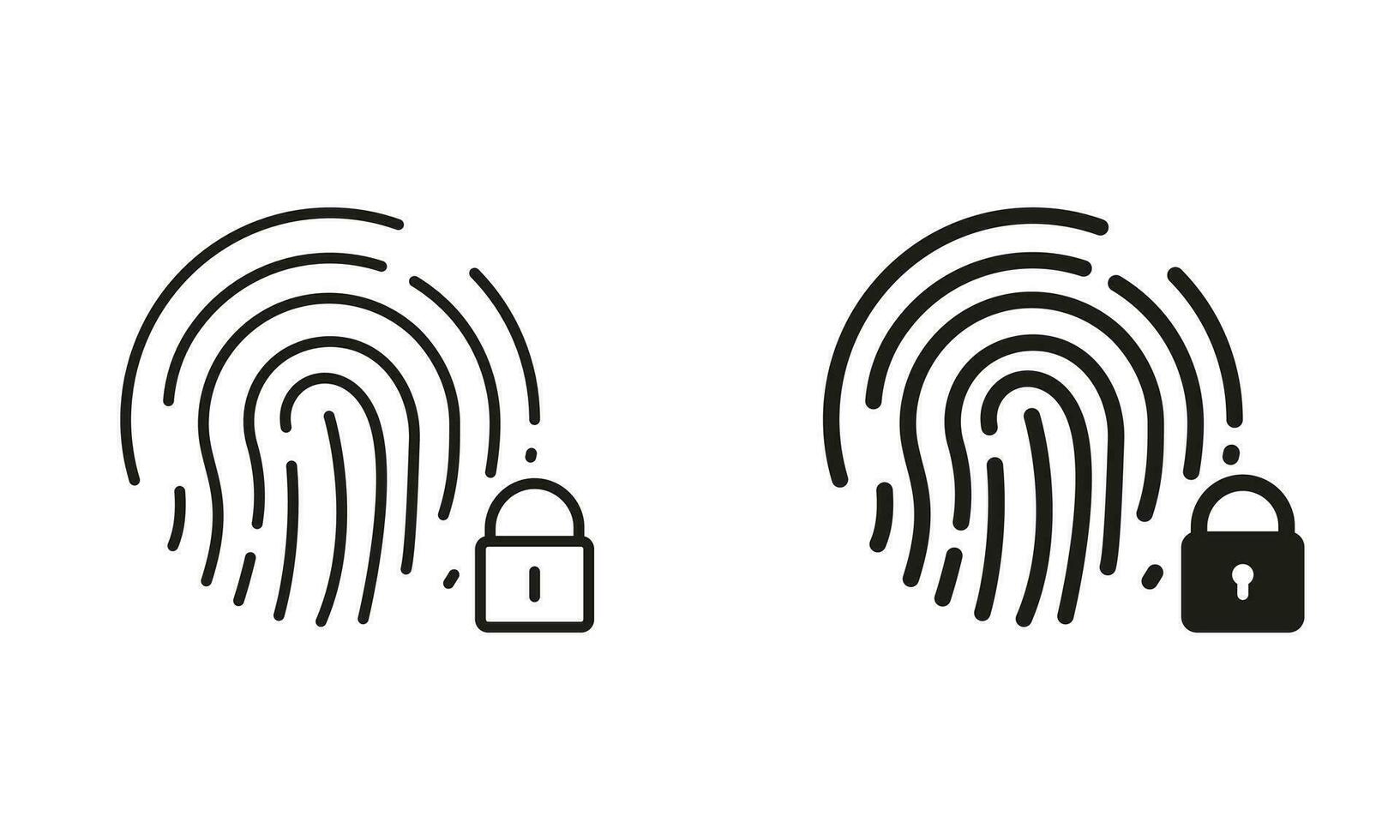 huella dactilar identificación línea y silueta negro icono colocar. dedo impresión escáner con bloquear símbolo recopilación. biométrico identidad signo. toque carné de identidad pictograma. aislado vector ilustración.