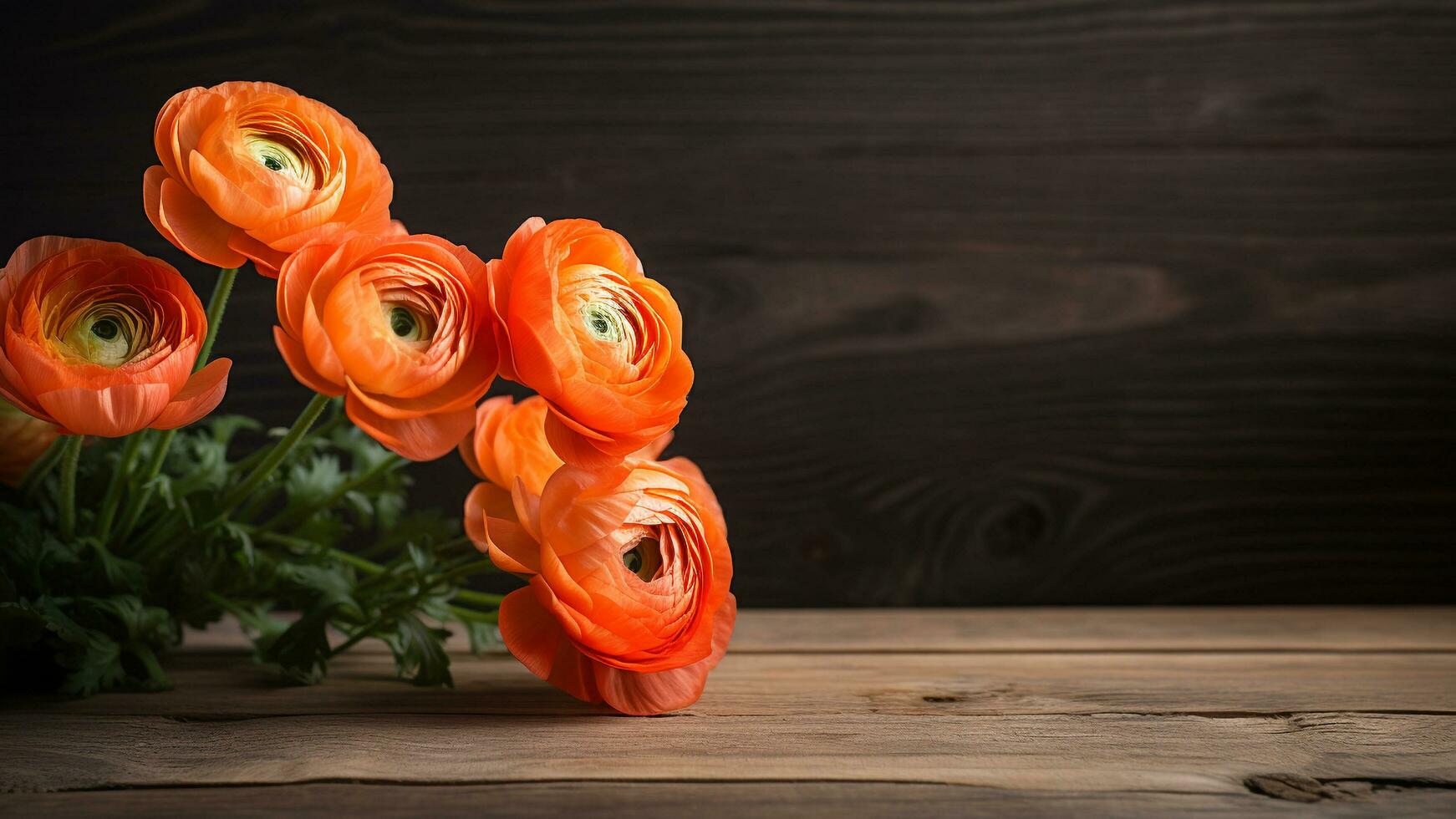 Ranunculus Flower on Wood Background with Copy Space, AI Generative photo