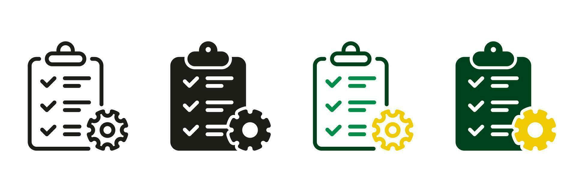 Clipboard with Gear Line and Silhouette Icon Set. Project Management Pictogram. Contract Setting Symbol. Business Development, File Agreement, Work Report Sign. Isolated Vector Illustration.