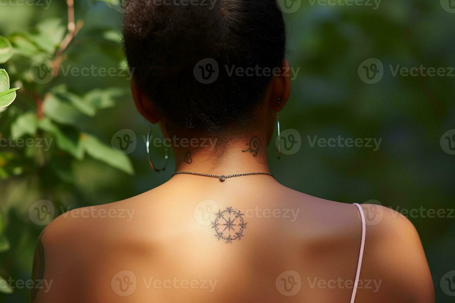 Close up of a small nightshade flower tattoo inside a circle on a back of the neck of a woman. A delicate and feminine design. Generative AI photo